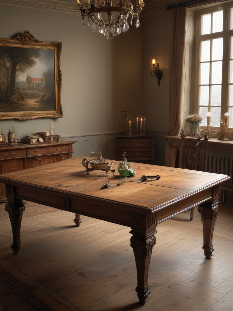 Elegant Dining Room with Antique Wooden Table and Classic Decor Accents