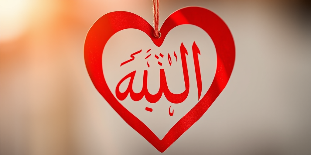 Create an artistic representation of a red heart with the Arabic calligraphy of "Allah" inside it, using a Canon EOS R5 with a 50mm f/1.2 lens, shooting in natural light, with a shallow depth of field and high contrast to enhance the textures and colors.