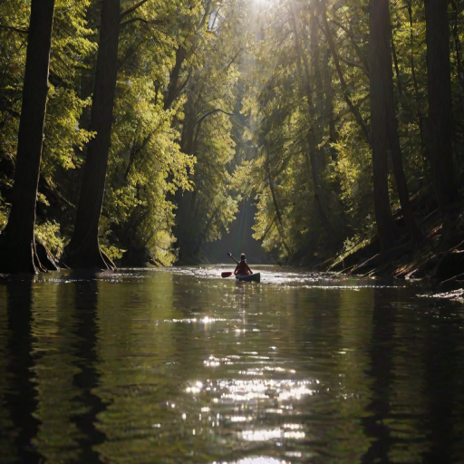 Sharp, high-contrast photo of a kayaker paddling through a narrow river, sunlight filtering through the trees overhead, soft ripples in the water from the paddle strokes, distant birds flying overhead, shadows from the trees dancing on the water's surface.