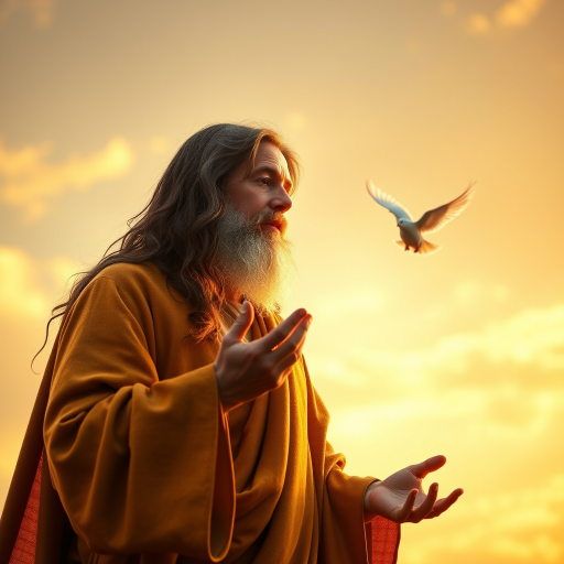 Create a detailed image of a serene figure resembling a religious leader with long hair and a flowing robe, gently releasing a white dove into a soft, illuminated sky, using a DSLR camera with a 50mm lens, aperture set to f/1.8 for a shallow depth of field, bright golden hour lighting for warmth, and HDR technique to enhance the overall clarity and vibrancy.