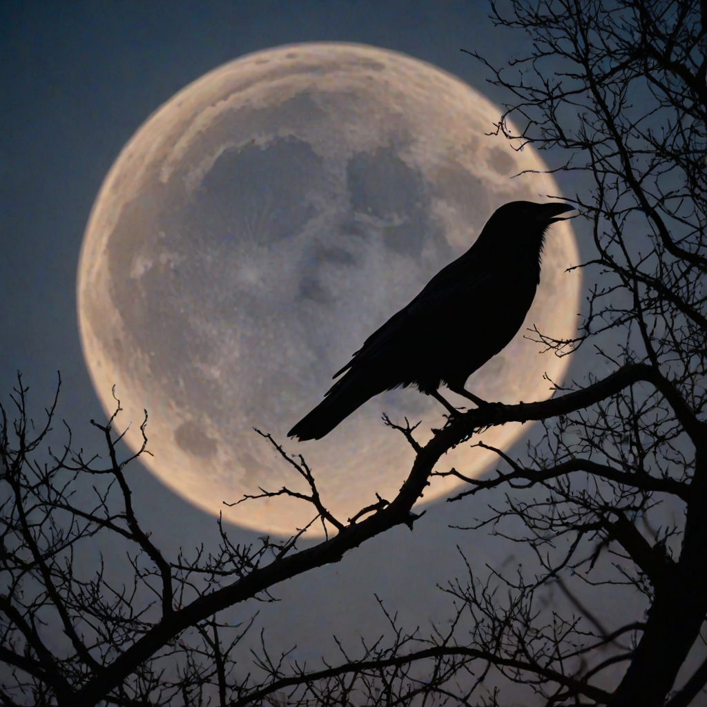 A fantastical photo featuring the silhouette of a crow perched on the branches of a tree, set against the backdrop of a large, luminous moon. Incorporate fantasy elements into the posture of the crow and the shape of the branches, depicting a mysterious scene illuminated by the moonlight on a tranquil night. Use warm tones to enhance the cozy atmosphere of this enchanting and elegant scene. insanely detailed, High contrast and low saturation.