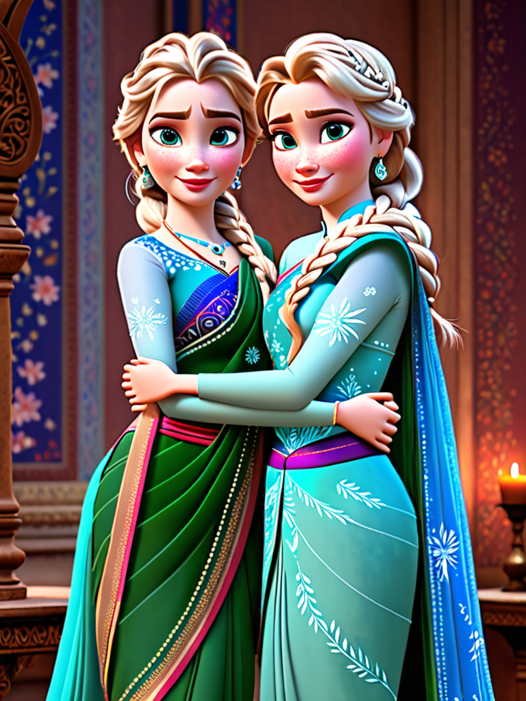 Elsa and Anna together hugs in saree indian same color 3D Disney