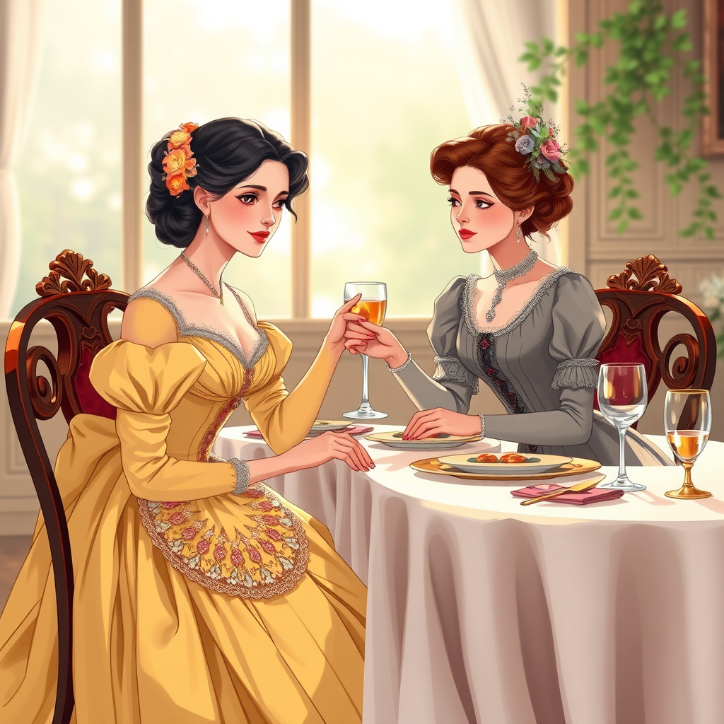 Illustrate a 19th century Victorian scene featuring two elegantly dressed women, one in a colorful yellow gown and the other in a gray dress, sitting at a beautifully set table, with one woman offering a glass, soft natural lighting, 50mm lens, f/1.8 aperture, focus on the subjects with a blurred background, high-resolution digital art style.