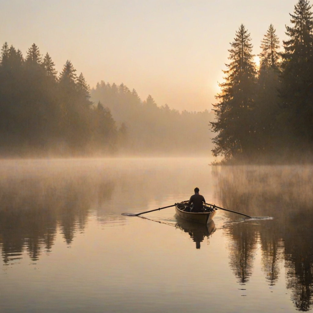 Blurry candid shot of a man rowing a boat across a misty lake at dawn, soft golden light from the rising sun illuminating the water, with trees barely visible through the mist.