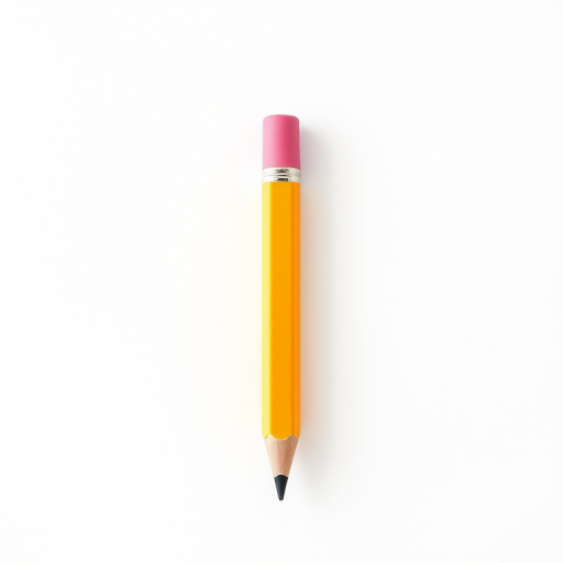 Create a digital illustration of a yellow pencil with a pink eraser, positioned vertically on a plain white background, with a focus on vibrant colors and clean lines, using a Canon EOS R5, 50mm f/1.8 lens, aperture f/2.8, ISO 100, natural lighting for enhanced clarity and detail.