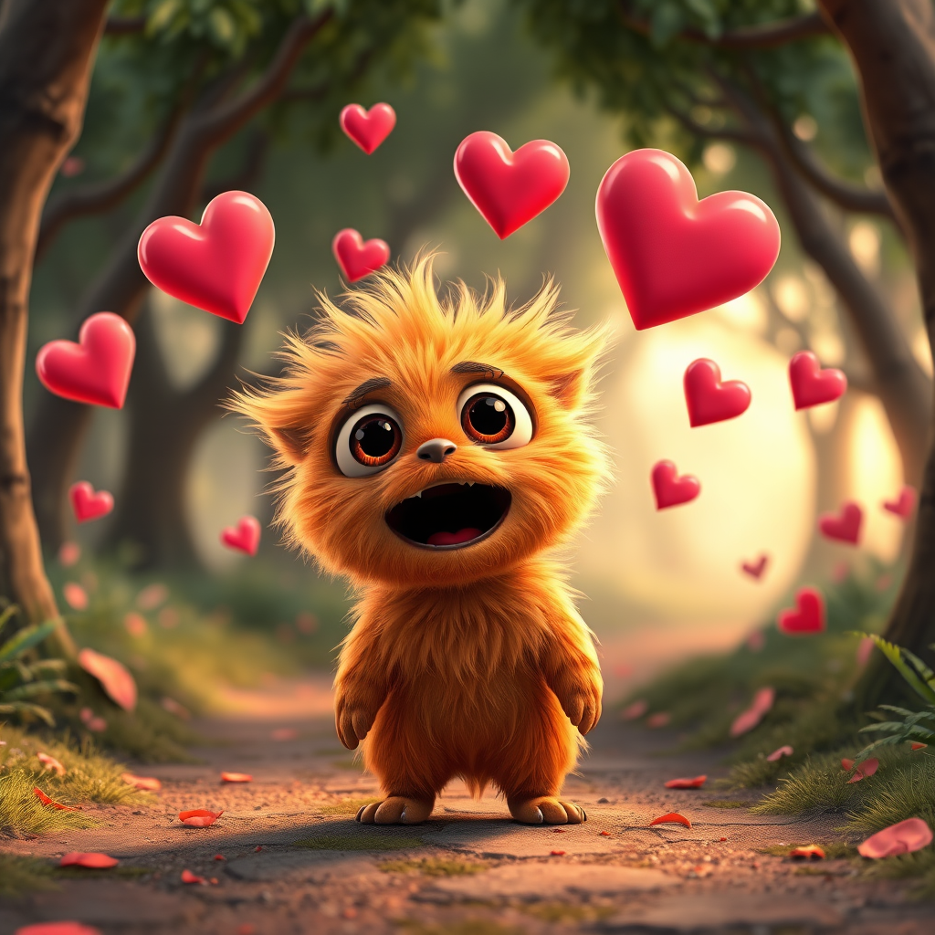 A fluffy orange creature with large eyes and a wide open mouth stands on a path in a whimsical forest, bright pink and red hearts float through the air, the creature has a surprised expression, the light is warm and soft, photorealistic, digital art, 3D style