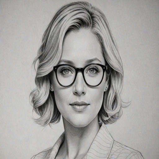 Attractive Jessica Capshaw, pencil sketch, portrait of Superb woman 1935s in glasses, hair style beatnik, outline, clear lines, fine lines, 8k