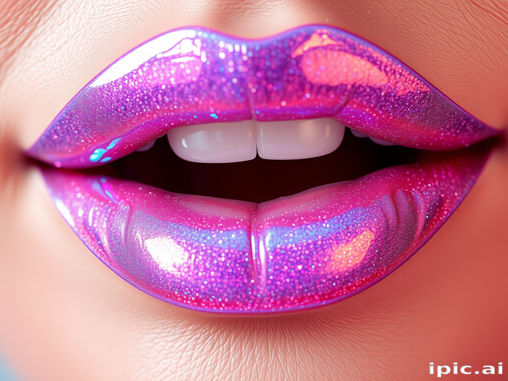 Glossy clear lips with holographic sparkle, ultra-reflective shine, plumping effect for enhanced volume, futuristic Crystal Prism Gloss style