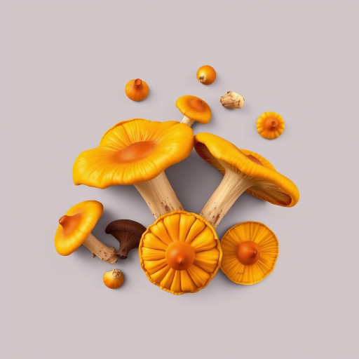 Create a highly detailed vector illustration of golden chanterelle mushrooms with smooth gradients and soft shadows, shot with a DSLR camera at f/2.8, 50mm lens, ISO 100, top-down view, natural lighting to enhance texture.