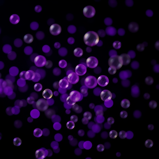 create an abstract image of vibrant purple bubbles scattered on a black background, shot with a Canon EOS R5, 50mm lens, f/1.8 aperture, ISO 100, with a soft focus effect to enhance depth and texture.