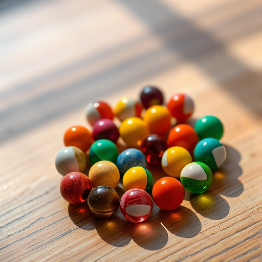 Regenerate a 3D design of colorful marbles arranged in a spiraled pattern on a wooden surface, with soft lighting to enhance shadows, using a Canon EOS 5D Mark IV, 50mm lens, f/2.8 aperture, ISO 100, and a shallow depth of field for a blurred background effect.