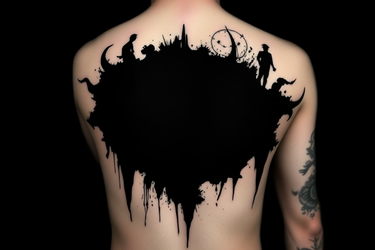 Blackout tattoo style named "Negative Space Illusion" using large areas of solid black ink with strategic gaps to create striking silhouettes and shapes, suitable for bold arm or leg designs