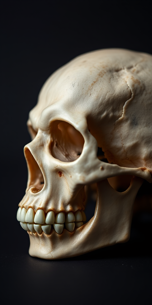 high-quality close-up of a human skull on a dark background, 50mm lens, f/2.8 aperture, ISO 100, studio lighting, DSLR camera, shallow depth of field, emphasize texture and details of the bone structure
