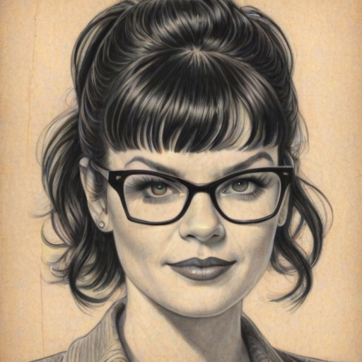 Radiant Pauley Perrette, pencil sketch, portrait of Splendid woman 1958s in glasses, hair style beatnik, outline, clear lines, fine lines, 8k