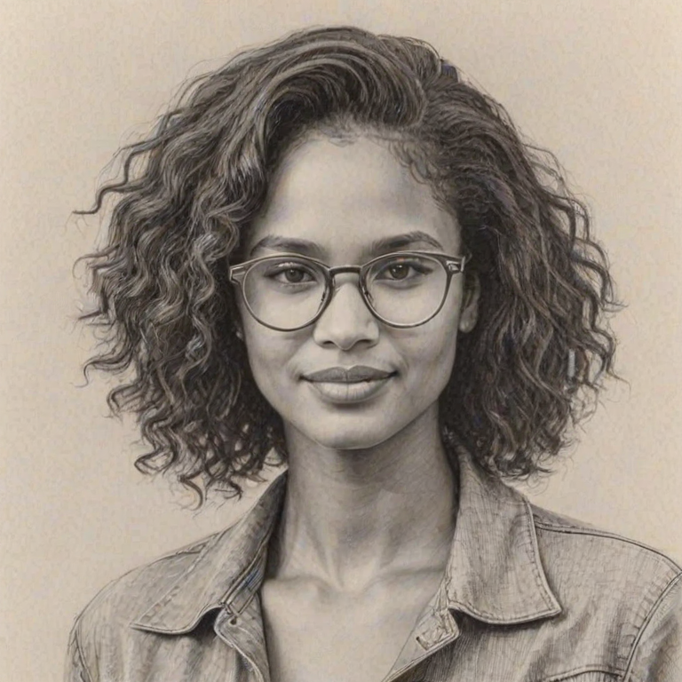 Resplendent Joy Bryant, pencil sketch, portrait of Captivating woman 1973s in glasses, hair style beatnik, outline, clear lines, fine lines, 8k