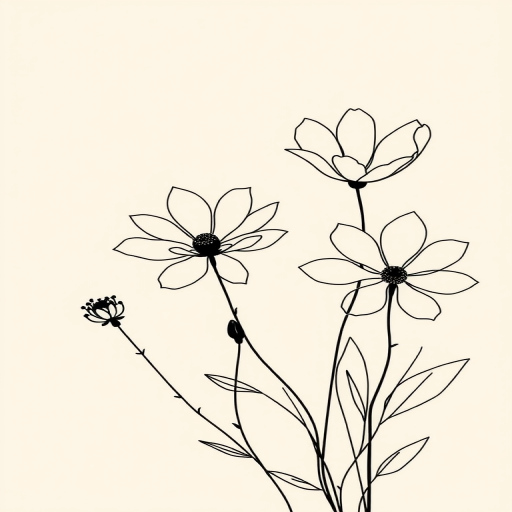 Create a digital illustration of abstract flowers with thin black outlines on a soft beige background, capturing the details of petals and leaves, using a Canon EOS R5 camera with a 50mm lens, aperture f/1.8, shutter speed 1/250s, and ISO 100 for enhanced clarity and depth.