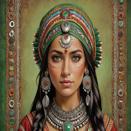 Create a portrait of a beautiful Aztec woman with striking green eyes and a gentle expression. She is adorned in traditional attire with intricate patterns, including a richly embroidered headscarf and matching garments. Her jewelry includes a delicate headpiece, dangling earrings, and ornate bracelets, all featuring vibrant gemstones and detailed metalwork. The background is soft and warm, enhancing the rich colors of her outfit and jewelry.