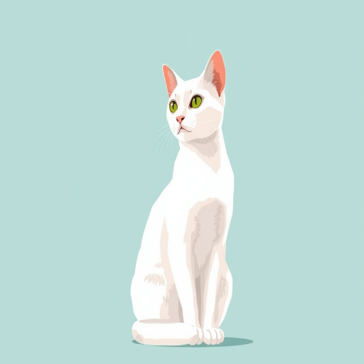 Regenerate a minimalist illustration of a white cat sitting against a soft teal background, using a Canon EOS R5 with a 50mm f/1.2 lens, aperture set to f/2.8, ISO 100, and soft diffused lighting for enhanced clarity and depth.
