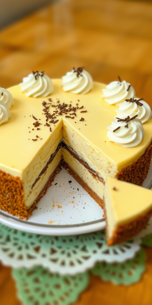 A delicious cheesecake with a smooth creamy topping decorated with swirls of whipped cream and a sprinkle of chocolate shavings on top displayed on a white plate with a light green lace underneath and a slice cut out revealing the layers of the cake with a blurred background.