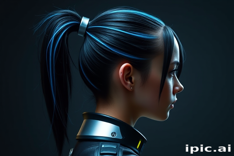 Jet black hair styled in a sleek, high ponytail with electric blue streaks running through it, secured with a futuristic silver cuff for a striking cyberpunk aesthetic called Nightrider Bolt