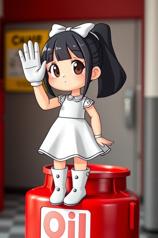 Create an image of a cartoon girl with a bow in her hair, wearing a white dress and knee-high boots, standing on a red container labeled "Oil," with a hand raised in a stop gesture, using a DSLR camera with a 50mm lens, f-stop 2.8, ISO 100, and a slight vignette effect for enhanced quality.