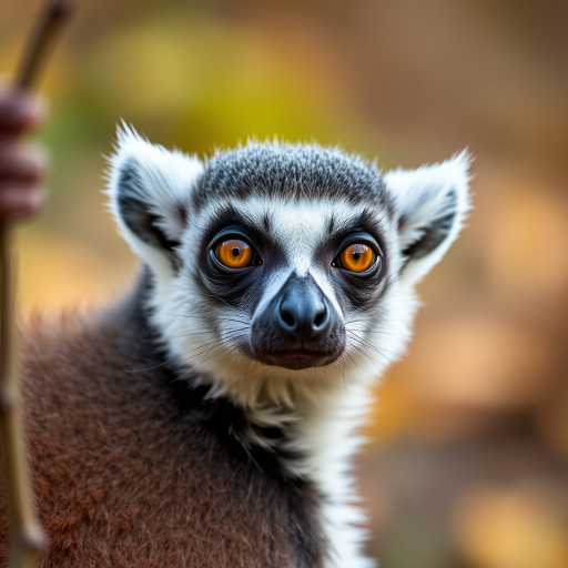 close-up of a lemur in a natural setting with blurred background, 50mm lens, f/2.8 aperture, ISO 200, 1/200s shutter speed, shallow depth of field, taken with a DSLR camera