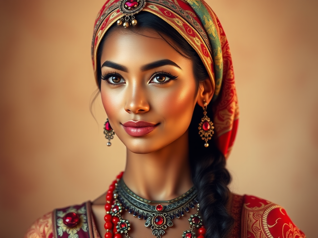 Create a portrait of a beautiful Polynesian woman with striking red eyes and a gentle expression. She is adorned in traditional attire with intricate patterns, including a richly embroidered headscarf and matching garments. Her jewelry includes a delicate headpiece, dangling earrings, and ornate bracelets, all featuring vibrant gemstones and detailed metalwork. The background is soft and warm, enhancing the rich colors of her outfit and jewelry.