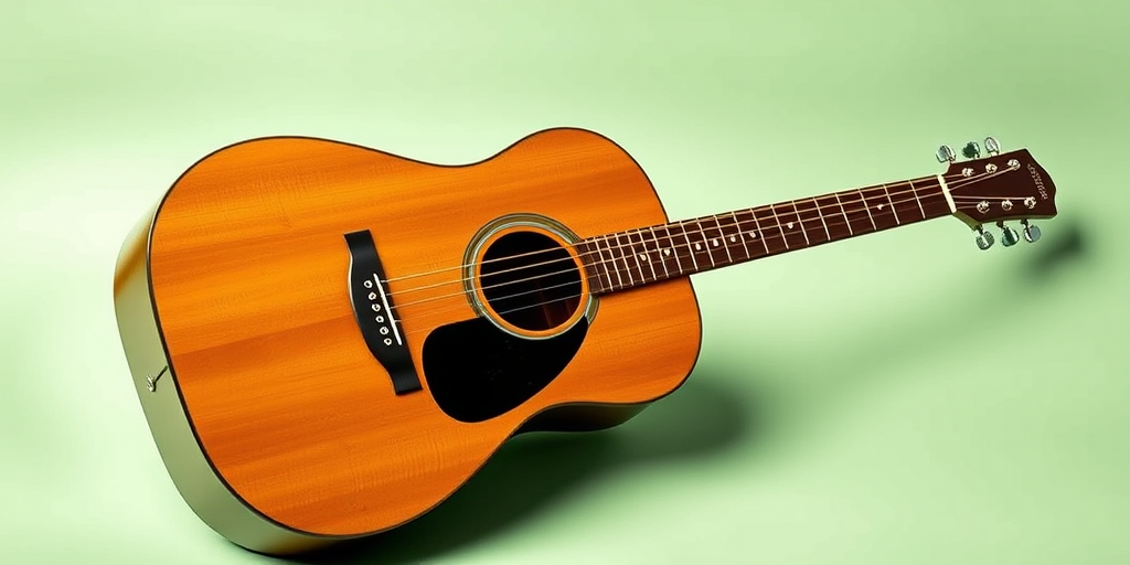 Regenerate an image of a classic acoustic guitar resting on a light green background, side view, high resolution, f/2.8 aperture, ISO 100, 50mm lens, natural light, 3-point lighting setup.