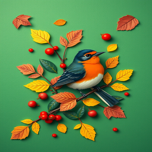 Create a vibrant illustration of a stylized bird perched among colorful leaves and berries on a textured green background, captured with a high-resolution digital camera at f/8 aperture, ISO 100, 50mm lens, top-down view, using a flat lay style for even lighting and enhanced color contrast.