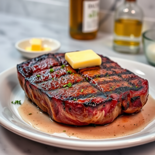 Create an image of a perfectly seared ribeye steak, resting on a white plate with a pat of melting butter on top. The steak is seasoned with fresh herbs like thyme and parsley, with glistening juices highlighting the texture of the meat. The background features a soft focus on a light, marble countertop, with a small dish of butter and an olive oil bottle in the distance. The overall mood should be warm and inviting, capturing the deliciousness and juiciness of the steak.