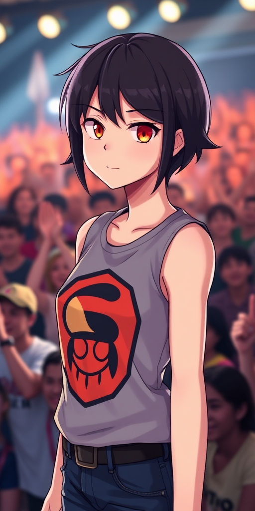 Generate a high-resolution image of a confident female character with short black hair and striking orange eyes, wearing a sleeveless shirt with a bold graphic design, standing in front of a cheering crowd illuminated by stage lights, using a DSLR camera with a 50mm lens, aperture f/1.8, ISO 200, and a shallow depth of field to accentuate the character against a blurred audience background.