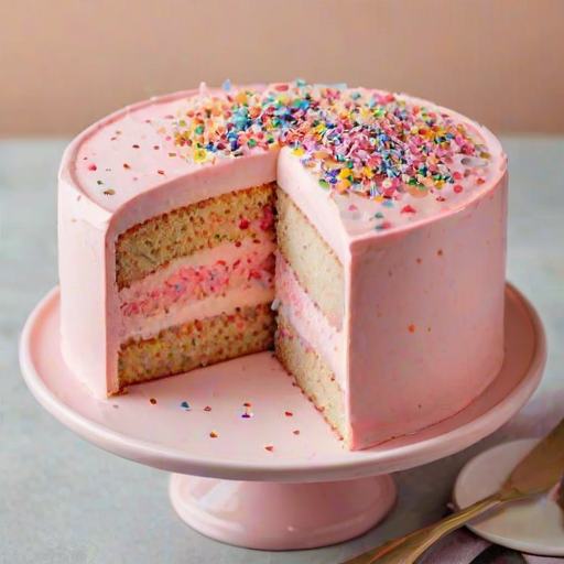 Create an image of a round pink cake with a smooth frosting and decorative sprinkles on top. A slice has been cut out, revealing layers of cake inside. Place the cake on a white cake stand, and include a small cup of coffee and a plate with a slice of cake next to it. Use a soft, pastel background with light colors to enhance the overall aesthetic.