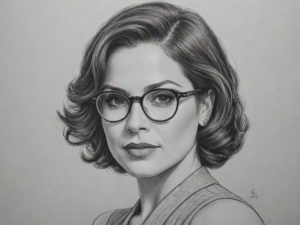 Magnificent Lana Parrilla, pencil sketch, portrait of Splendid woman 1937s in glasses, hair style beatnik, outline, clear lines, fine lines, 8k