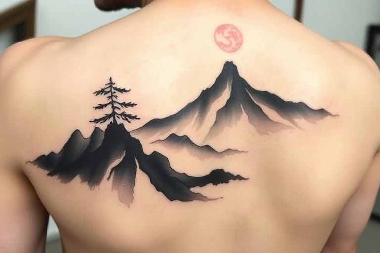 Serene "Zen Brush Stroke" tattoo concept inspired by traditional Japanese sumi-e painting, featuring fluid, expressive black ink strokes that capture the essence of natural forms such as mountains, trees, or waves, with subtle touches of pale blue or soft pink watercolor adding depth and tranquility to the composition, ideal for those seeking a tattoo that embodies mindfulness and harmony