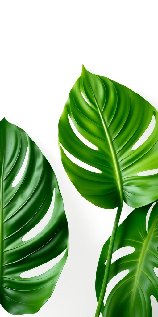 Create a high-resolution digital illustration of vibrant green monstera leaves layered on a white background, using a Canon EOS R5 with a 50mm f/1.2 lens, aperture at f/2.8, ISO 100, and a soft diffuse lighting setup.