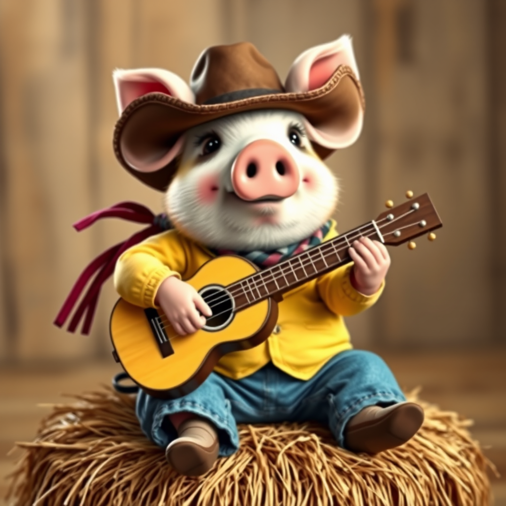 A chibi pig, dressed as a cowboy, playing guitar, sitting on a hay bale