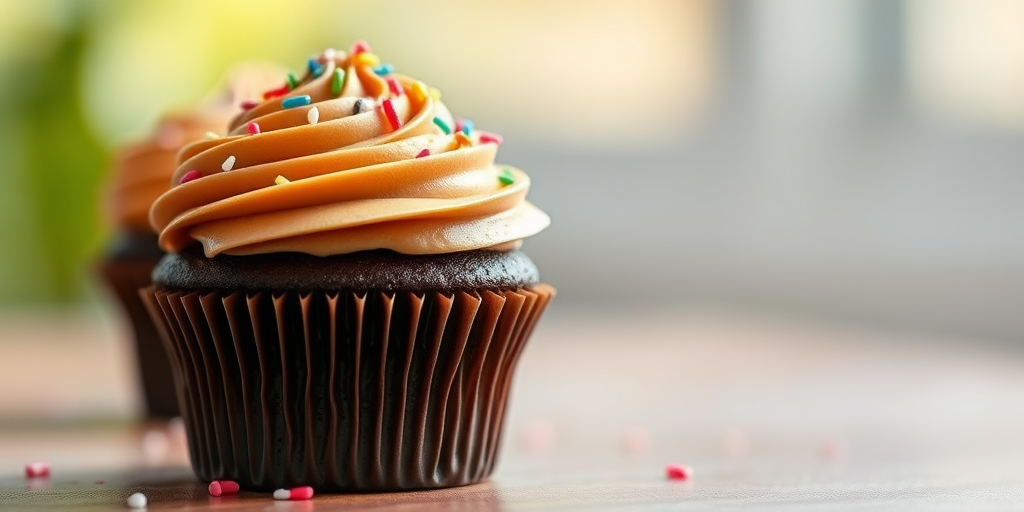 High-resolution image of a chocolate cupcake with swirls of creamy frosting topped with colorful sprinkles, shot in soft natural light with a shallow depth of field, using a DSLR camera at 50mm focal length, aperture f/2.8, ISO 200, and a slight tilt angle for a dynamic perspective.