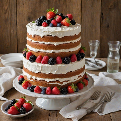 Create an image of a tall layered cake with fluffy white frosting. The cake should be adorned with fresh strawberries, blackberries, and raspberries, along with small edible flowers. The setting should have a rustic wooden table in the background, emphasizing the cake's vibrant colors and textures.