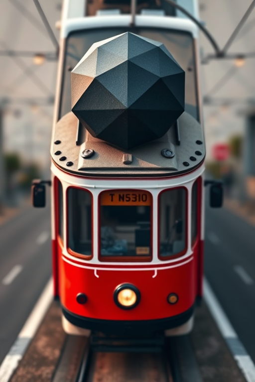 Create a high-resolution image of a stylized tram, featuring a geometric shape on top, captured with a DSLR camera at f/8 aperture, ISO 100, and a focal length of 50mm, using a top-down perspective for clarity and detail.