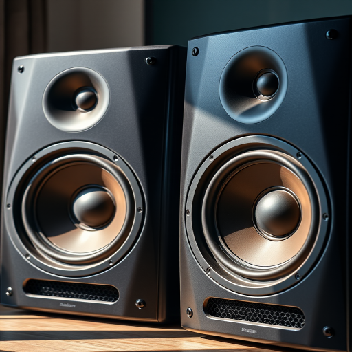 Create a high-resolution image of two large stereo speakers positioned side by side, use a DSLR camera with a 50mm lens, aperture set to f/2.8, ISO 100, focus on the details of the speaker drivers, and use natural lighting for enhanced clarity.