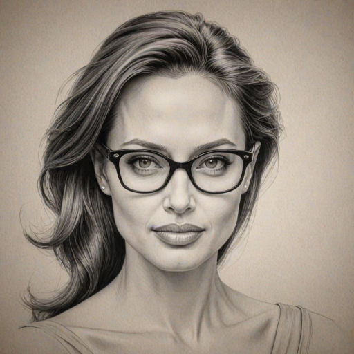 Fascinating Angelina Jolie, pencil sketch, portrait of Graceful woman 1956s in glasses, hair style beatnik, outline, clear lines, fine lines, 8k