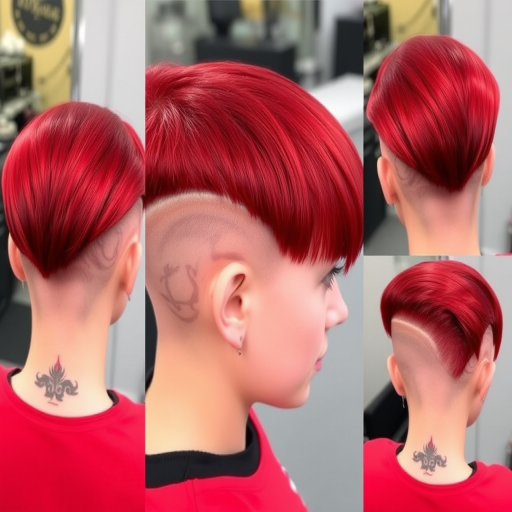 Bold crimson undercut called Scarlet Blaze combining sleek straight lengths on top with closely cropped sides and nape revealing intricate flame-inspired designs shaved into the shorter areas