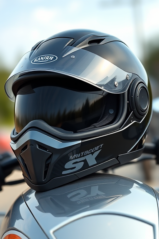 Create a high-resolution cartoon-style image of a motorcycle helmet with a glossy finish, using a DSLR camera at 50mm focal length, f/1.8 aperture, ISO 100, with a soft focus background for depth.