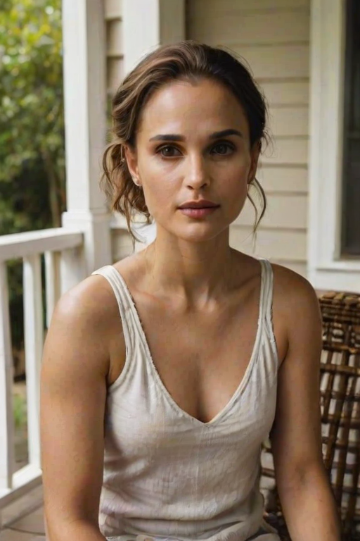 A photo of Natalie Portman with a background of a cozy porch. She has dark hair pulled back in an updo, with tendrils framing her face. She wears a white tank top and sits on the porch. The porch is part of a well-lit home with a warm, earthy tone and colorful flowers and foliage. The overall scene has a warm, welcoming, and comfortable ambiance.