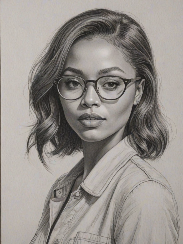 Beauteous Katerina Graham, pencil sketch, portrait of Fetching woman 1971s in glasses, hair style beatnik, outline, clear lines, fine lines, 8k