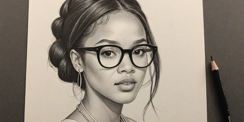 Sublime Karrueche Tran, pencil sketch, portrait of Fascinating woman 1970s in glasses, hair style beatnik, outline, clear lines, fine lines, 8k