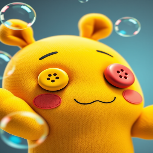 Illustration of a cartoonish yellow stuffed doll with oversized colorful buttons for eyes, stitched seams, surrounded by floating bubbles, shot with a DSLR camera, aperture f/2.8, ISO 100, 50mm lens, natural light, high resolution, vibrant colors.