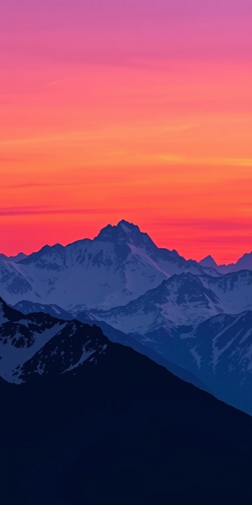 Create a high-resolution digital illustration of a mountain range at sunset, showcasing snow-capped peaks against a vibrant gradient sky transitioning from deep purple to orange, using a wide-angle lens with a 24mm focal length, f/8 aperture, and ISO 100 for clarity and sharp details.