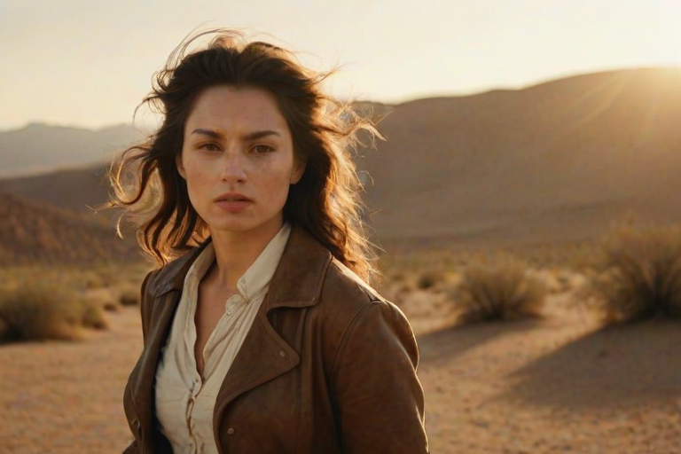 Dramatic photo of a beautiful Georgian woman, classic cowboy attire, confident and free spirit expression, half-length portrait, centered, golden hour desert landscape, warm, diffused light, low angle, medium format film camera, in style of Annie Leibovitz.