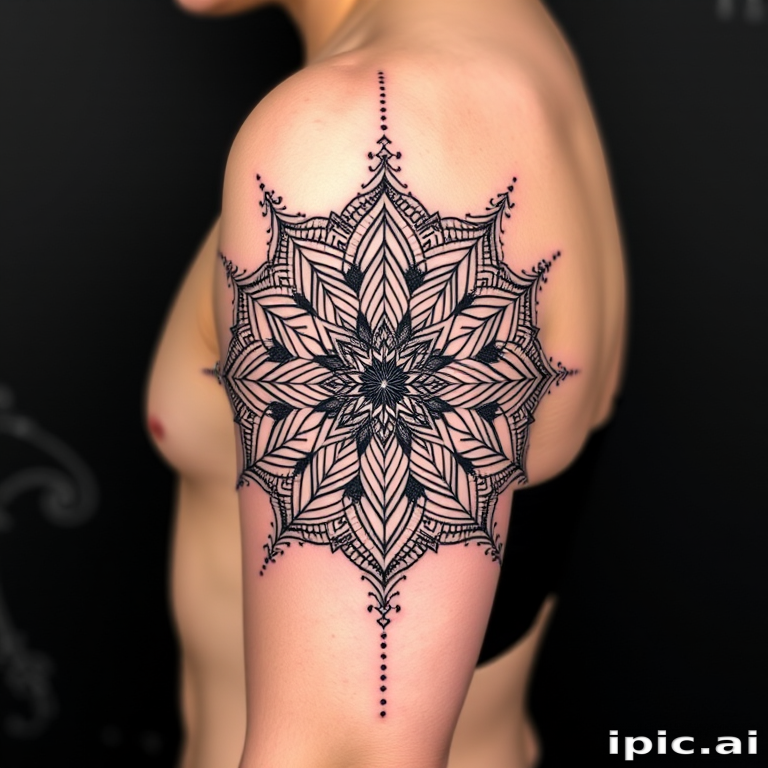 Geometric blackwork tattoo named "Sacred Symmetry" featuring interlocking mandala patterns forming a half-sleeve, incorporating sacred geometry symbols and dot work gradients, creating a mesmerizing optical illusion effect that appears three-dimensional when viewed from different angles
